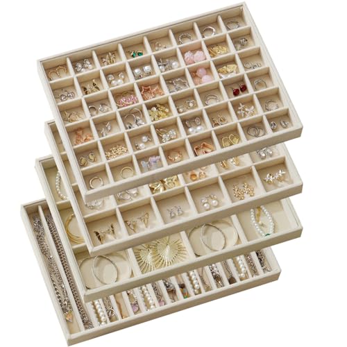 Large Velvet Jewelry Drawer Organizer Trays Set of 4 | Stackable Jewelry Trays Organizer Display Storage Showcase for Earring Necklace Bracelet Ring (Beige, 12+17+24+48 Grids) - color: Beige, size: 12+17+24+48 Grids