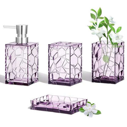 HBlife Bathroom Accessories Set, Acrylic Bathroom Counter Set of 4 | Boho acrylic bathroom decor, 4-pc: holder, soap, tumbler, dish, Easy-clean & rustproofd, Ideal housewarming gift - style: purple