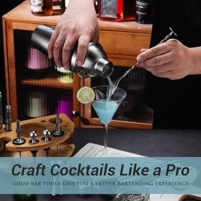 Cocktail Shaker Set Bartender Kit with Stand, 12 Piece Drink Mixer Set with Stainless Steel Bar Accessories Tools: 25oz Martini Shaker Jigger Strainer Spoon Muddler for Cocktails (Silver) - color: Silver