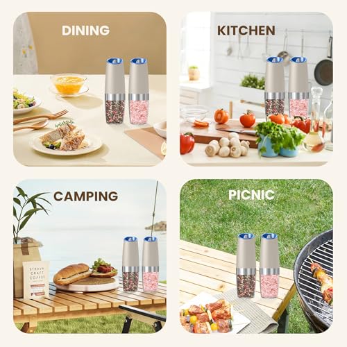 Battery Gravity Salt Pepper Grinder Set, 2 Pack (Khaki) | Gravity Automatic Grinder With LED Light & Adjustable Roughness, Each Requires 6 AAA Batteries For Kitchen Daily Seasoning - color: Battery/Set/Khaki