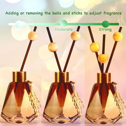 Meinvcisi 4 Empty Fragrance Glass Diffuser Bottles, Refillable Diffuser Bottles with 20pcs Reeds Sticks &12 Wood Balls&4 Metal Leaves, Reed Diffuser Set, Diamond Style,60ML, Gradient Brown.