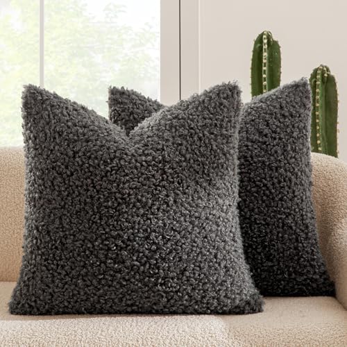 MIULEE Decorative Faux Fur Pillow Covers Sherpa 18x18 Dark Gray | Set of 2 Fuzzy Accent Couch Throw Pillows, Soft Sheepskin Fleece Pillowcases, Home Decor Sofa Livingroom Bed - color: Dark Gray, size: 18" x 18" (Pack of 2)