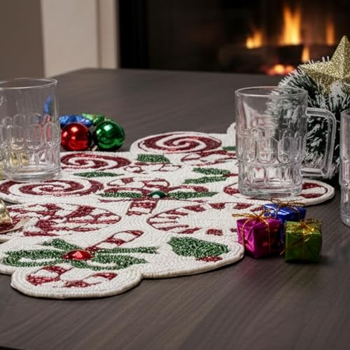 Christmas Beaded Table Runner, Red & White, 13x36 | Handcrafted, 85% glass beads, polyester backing, dining/console/coffee table, holidays, weddings, wipe-clean maintenance - color: Cherry Reddish, size: 36"x13"