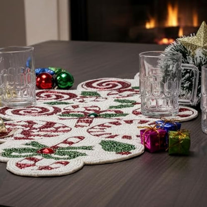 Christmas Beaded Table Runner, Red & White, 13x36 | Handcrafted, 85% glass beads, polyester backing, dining/console/coffee table, holidays, weddings, wipe-clean maintenance - color: Cherry Reddish, size: 36"x13"