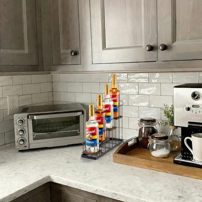 Coffee Syrup Rack Organizer, with Rustic Wood Holder Coffee Station Bar Accessory for Syrup, Wine, Dressing Bottle Countertop Display Storage Stand for Kitchen with Basket and Hooks Holds 4 Bottles