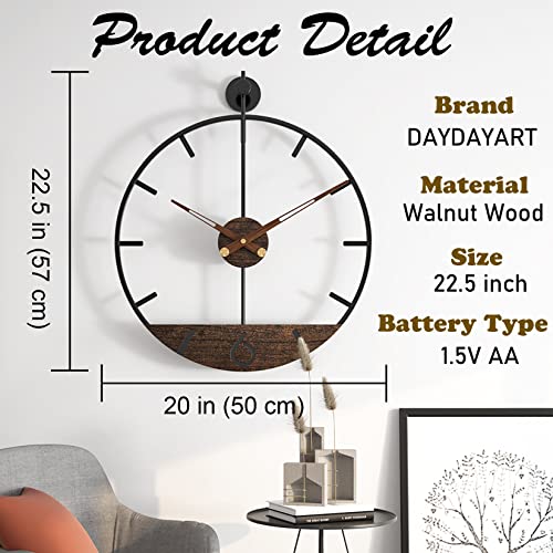 Modern Wood Walnut Dial Wall Clock, Large Simple Wall Decor Metal Frame Silent Non Ticking Clock for Living Room Decor, Kitchen, Bedroom, Study Decoration, Handmade Home Gift Idea, 22.5 in - size: 2.Large 22.5In(57cm)