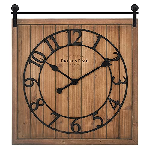 Farmhouse Barn Door Clock | Shiplap Style, Brown Wood Color, Silent Non-Ticking, 3D Arabic Numerals, 23" x 21", Farmhouse Wall Décor - color: Brown Wood