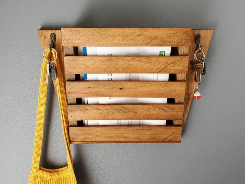 Rustic Wood Wall Mount Mail Organizer with Hooks, Farmhouse Wooden Wall Letter Holder, Key Holder Mail Sorter for Entryway, Kitchen, Office, Home Decor