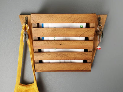Rustic Wood Wall Mount Mail Organizer with Hooks, Farmhouse Wooden Wall Letter Holder, Key Holder Mail Sorter for Entryway, Kitchen, Office, Home Decor