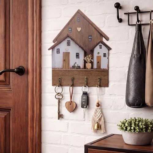 Cute Key Holder for Wall, Rustic Key Rack Wall Mount Decorative Wooden Hooks House Shaped Boho Hat Purse Rack with 4 Hooks for Hanging Entryway Front Door Hallway Bedroom
