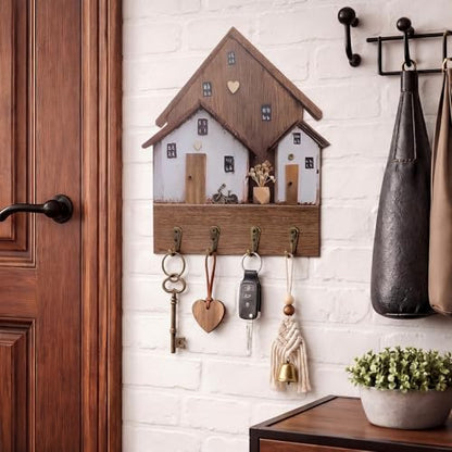Cute Key Holder for Wall, Rustic Key Rack Wall Mount Decorative Wooden Hooks House Shaped Boho Hat Purse Rack with 4 Hooks for Hanging Entryway Front Door Hallway Bedroom
