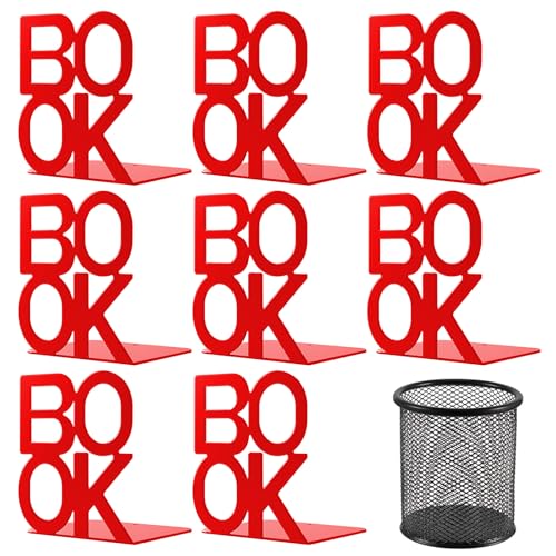 Book Ends Red 4 Pair Metal BookEnds for Bookrack Desk,Books | Non-Skid Metal Book End Stopper for Books/CDs/DVDs - color: Red, size: 4 pair