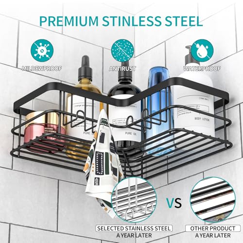 Corner Shower Caddy, 4-Pack Adhesive Shower Shelves with Soap Holder No Drilling, Rustproof Bathroom Shower Organizer Storage, Black