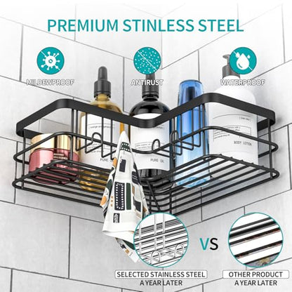 Corner Shower Caddy, 4-Pack Adhesive Shower Shelves with Soap Holder No Drilling, Rustproof Bathroom Shower Organizer Storage, Black