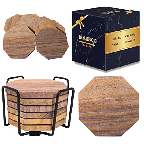Sandstone Water Absorbent Hand Crafted Octagon Coasters with Holder for Drinks 4 Inches Wide Thirsty Stone Bar/Drink Coasters Made from Real Solid Stone (with Holder, Set of 6) - style: Design 1