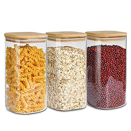 ComSaf Glass Storage Containers wtih Lids 1.6 Qt, Set of 3 Food Storage Jar | Square Kitchen Canisters, Glass Pantry Jars, Pantry Organizers, Dry Food Storage, Tea, Oat, Spice, Coffee, 51oz, BPA Free - size: 1.6Qt*3