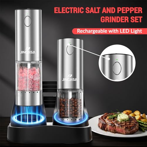 Electric Salt and Pepper Grinder Set with External Coarseness Adjustment, 95ml Large Capacity Automatic Pepper Mill, USB-C Charging Base with LED Light, Stainless Steel Spice Grinder, 2-Piece Set - size: Upgraded Adjustment Version (1 Pack)