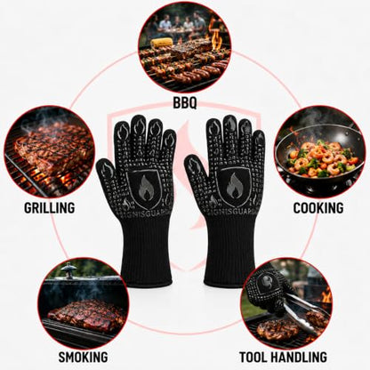 IGNISGUARD® BBQ Gloves, Heat Resistant Grill Gloves, 1 Pair, Black (L) | EN407:2020 tested with textured silicone grip, three-layer construction and long knit cuff for added wrist coverage. - color: Black, size: Large