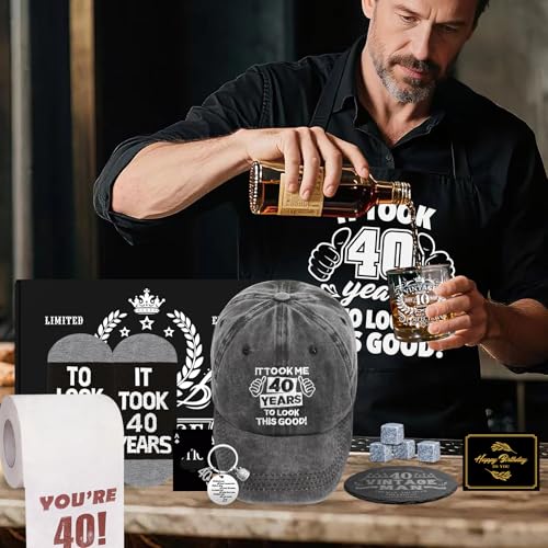 40th Birthday Gifts for Men Whiskey Glass Set, 40th Birthday Party Supplies with 11 Oz Whiskey Glass Coaster Stone Baseball Cap Apron Sock Toilet Paper Keychain for Him, Dad, Husband, Friends - style: 40th Birthday