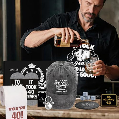 40th Birthday Gifts for Men Whiskey Glass Set, 40th Birthday Party Supplies with 11 Oz Whiskey Glass Coaster Stone Baseball Cap Apron Sock Toilet Paper Keychain for Him, Dad, Husband, Friends - style: 40th Birthday