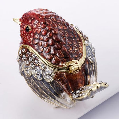 Hand Painted Enamel Hinged Trinket Box, Unique Mini Ring Necklace Jewelry Organizer, Classical Antique Bejeweled Storage, Figurine Collectible Keepsake Home Decor (Robin Bird-Red)