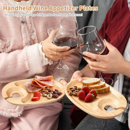 Decent Vrvrge Wine Appetizer Plates 4PCS, Appetizer Plates with Wine Glass Holder, Wood Individual Charcuterie Plates Built-in Cup Hold, Serving Platters Boards for Party, Gatherings, Entertaining - color: Rubber Wood 4pcs