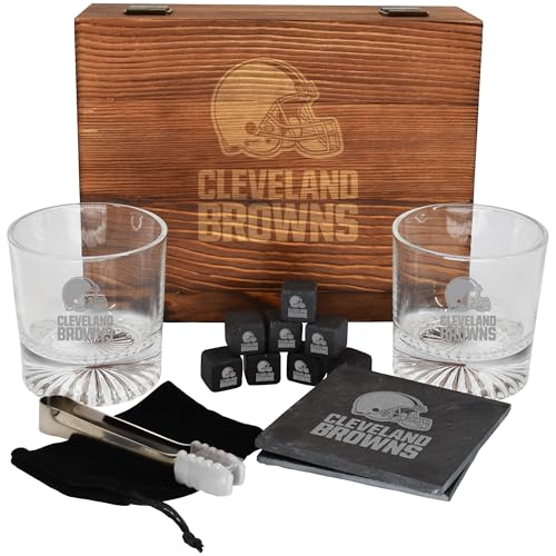 The Memory Company Licensed NFL Wood Boxed Drinkware Gift Set - Includes 2 Premium Rock Glasses, Cooling Cubes, Tongs, and Coasters, Cleveland Browns - color: Cleveland Browns