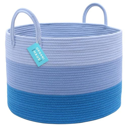 OrganiHaus Round Toy Basket & Blanket Basket, Cotton Rope 20x13" | 3-Toned Blue - Round Cotton Rope Basket, 20x13" - color: 3-toned Blue, size: Wide