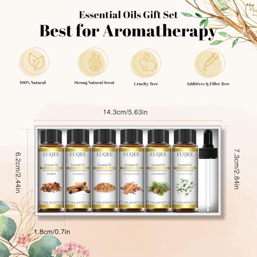 EUQEE 10ml Woody Essential Oils Set - Pure & Nature Essential Oils for Aromatherapy, Diffuser, Candle Making, Massage - Eucalyptus, Cedarwood, Sandalwood, Frankincense, Cinnamon | Pure & Nature Essential Oils for Aromatherapy - Eucalyptus, Cedarwood, Sand