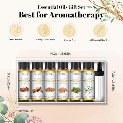 EUQEE 10ml Woody Essential Oils Set - Pure & Nature Essential Oils for Aromatherapy, Diffuser, Candle Making, Massage - Eucalyptus, Cedarwood, Sandalwood, Frankincense, Cinnamon | Pure & Nature Essential Oils for Aromatherapy - Eucalyptus, Cedarwood, Sand