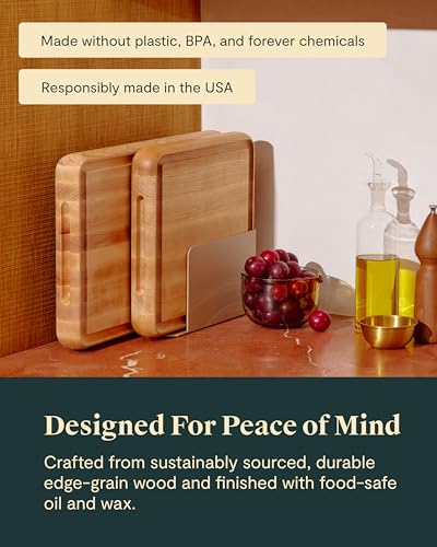 Caraway 3-Piece Prep and Serve Butcher Block Set | 17" Rectangle Cutting Board, 12" Square Cutting Board and Metal Storage Rack, Maple - color: Maple, size: Butcher Block Set