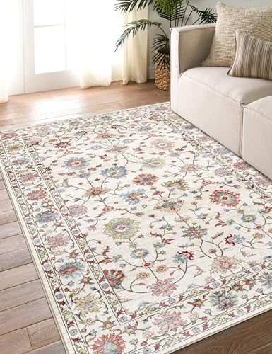 LUXRUG Washable Area Rug 4x6 - Beige Colorful Floral Living Room Rug Soft | Bedroom Rug Ultra-Thin Cream Vintage Farmhouse Dining Room Rugs Under Table Indoor Carpet for Living Room Office Mudroom - color: Cream Multi, size: 4' x 6' (Rectangular)