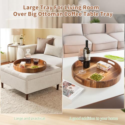 Large Ottoman Tray, 22" Big Ottoman Tray for Living Room, Large Serving Tray with Handles for Coffee Table Kitchen Counter,Great Round Wooden Trays with 4 Round Coasters for Appetizers, Dinner - color: 22" Round Tray W/ 4-coasters - Acacia
