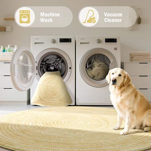 Carvapet 4 ft Round Washable Rug, Imitation Jute Low Pile Circle Carpet with Non Slip Rubber Backing, Foldable Stain Resistant Area Rug for Living Room Bedroom Office Bathroom - color: S-yellow, size: 4' (Round)