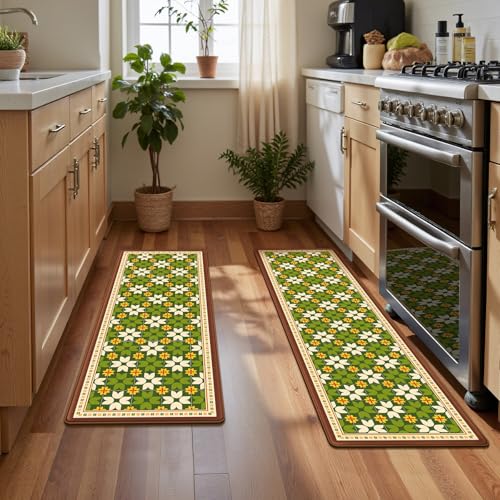 Vintage Floral Tile Kitchen Rug Sets of 2, Geometric Non Slip Mat for Floor | Thick Cushioned Anti-Fatigue Decor Runner Rug, PVC Soft Comfort Waterproof Standing Mat for Sink Laundry Front & Indoor Doors - color: Caramel Sunflower, size: 18"x30"+18"x48"