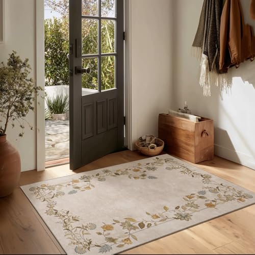 2x3 Washable Small Rugs for Entryway: Floral Door Mat Indoor Entrance Non Slip Rubber Backed Low Pile Soft Throw Area Rugs for Bedroom Kitchen Front Door Indoor Entrance Foyer Entry Farmhouse - color: Edge Floral Beige White, size: 2' x 3' (Rectangular)