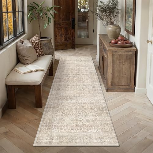 Schweek 2.6x8 Washable Runner Rug Non Slip Runner for Hallway Neutral Beige | Vintage Distressed Floral Runners Rug, Low Pile Soft Stain Resistant Long Rug, Carpet for Bedroom, Laundry Room, Living Room - color: Beige, size: 2.6' x 8' (Runner)