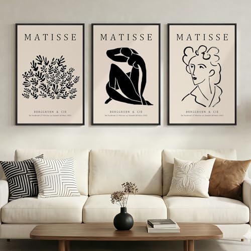 Framed Matisse Canvas Wall Art for Living Room, Set of 3 Abstract Black and White Minimalist Botanical Prints for Walls, Modern Aesthetic Pictures for Bedroom, Dining Room, Hallway and Office, Total Size 30x60 - color: Black and White, size: 20"W x 30" H