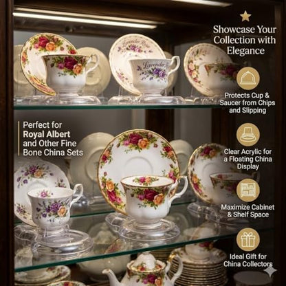 HOHIYA 12 Pack Acrylic Teacup Stand Stackable Cup & Saucer Holder Clear | Clear stackable acrylic stands organize and display teacups, coffee mugs and saucers in cabinets or shelves.