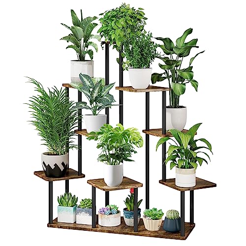 9 Tier Plant Stand Indoor, Thickened Metal Wood Corner Plant Shelf Stands for Multiple Plants, Indoor Tall Plants Stand Tiered Flower Holder for Living Room Patio Garden Balcony(Black+Brown) - color: Black+Brown, size: 9 Tier
