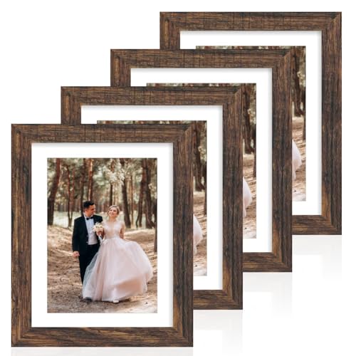 iRahmen 7x10 Picture Frame with Mat 5.5x8.5 - High Definition Real Glass Wooden Photo Frames for Tabletop Display and Wall Mounting (Brown, Set of 4) - color: Brown, size: 7X10