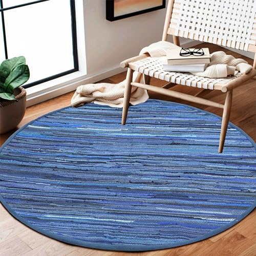 Chindi Area Rug 4 Feet Round - Navy | Cotton Circle Boho Rugs for Living Room, Easy Care Reversible Outdoor Carpet - color: Navy Blue, size: 4' (Round)