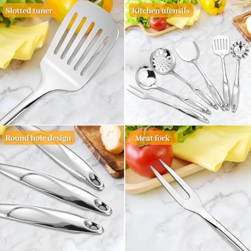 Hunnycook Stainless Steel Cooking Utensils Set - 6 Piece Kitchen Utensils Set, One Piece Seamless Handle Stainless Steel Utensils with Hanging Hole, Dishwasher Safe, Silver