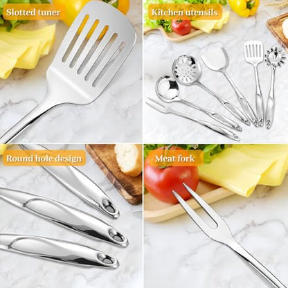 Hunnycook Stainless Steel Cooking Utensils Set - 6 Piece Kitchen Utensils Set, One Piece Seamless Handle Stainless Steel Utensils with Hanging Hole, Dishwasher Safe, Silver