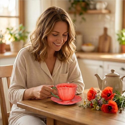 10 oz Tea Cups and Saucers, Hand-Painted Ceramic Flower-Shaped Coffee Cup | Saucer Set, Microwave & Dishwasher Safe, Elegant Floral Cup Set Gift for Women - color: Red