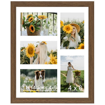 JCJMY 11x14 Picture Frame, 4x6 Collage Picture Frame, Display 5 Pcs 4x6 Photos or 11x14 Picture, Five Opening 4x6 Collage Frame for Wall Hanging, Lightweight 4 x 6 Multi Pictures Frame, Brown - color: Brown