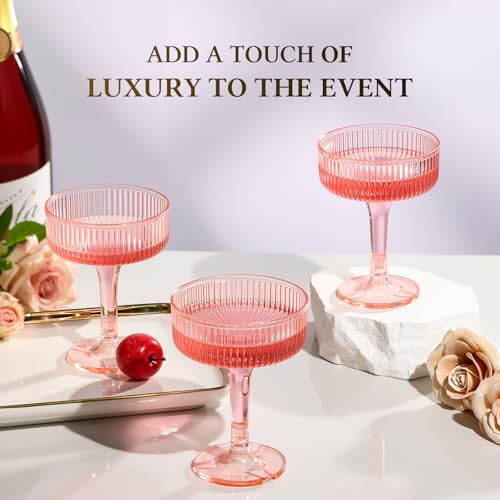 Goodluck 4-Tier Champagne Glasses - 20 PCS 7oz Pink Plastic Champagne Flute | Plastic Coupe Glasses with Vertical Stripes for Weddings, Celebrations, Parties & Birthdays - color: Pink