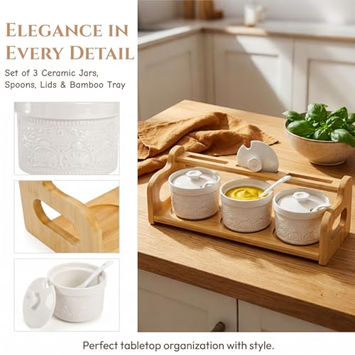 10 Pack Sauce Serving Dish with Spoons and Lids, 5 Oz | Ceramic Chip Dip Sauce Bowls with Bamboo Tray, 3 Condiment Seasoning Jars Salt Sugar Container for Snacks, Appetizers