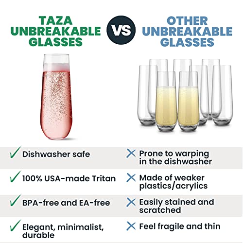 Unbreakable Stemless Champagne Flutes 9oz Set of 2, Shatterproof Tritan Plastic Glasses, Reusable Dishwasher Safe Flute, Wedding, Bachelorette, Travel & Poolside Champagne Glasses