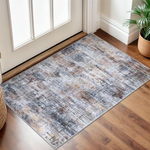 Small Abstract Area Rug 2x3 Ft Entryway Rugs Washable Door Mat Indoor Entrance, Rubber Backed Throw Rugs, Printed Faux Wool Non Slip Floor Carpet for Foyer Front Door Sink, Orange Grey - color: Orange/Brown/Grey, size: 2' x 3' (Rectangular)